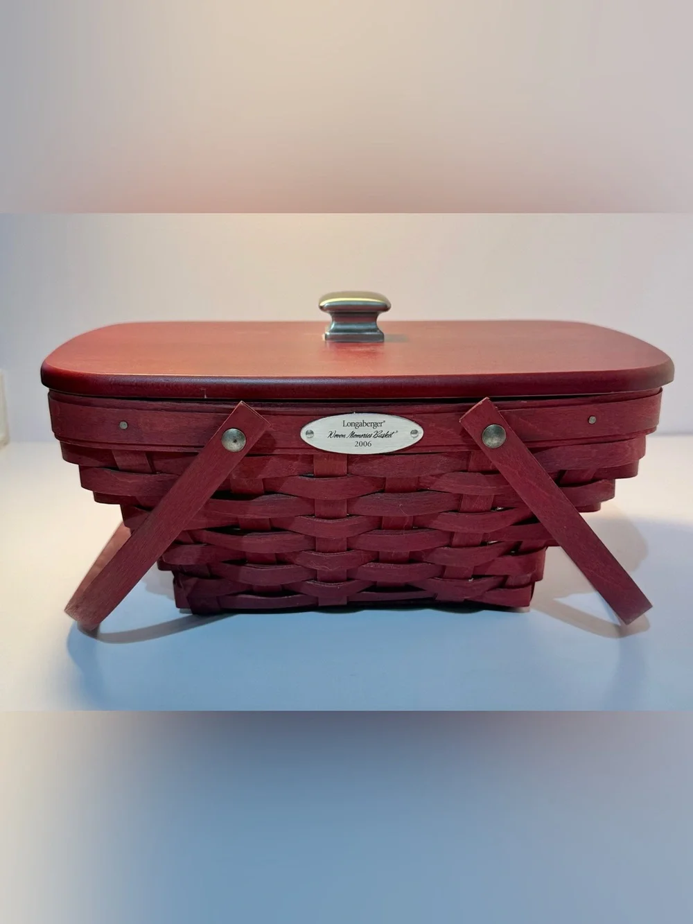 Longaberger Red Woven Memory Basket 2006 with Metal Nameplate and plastic liner